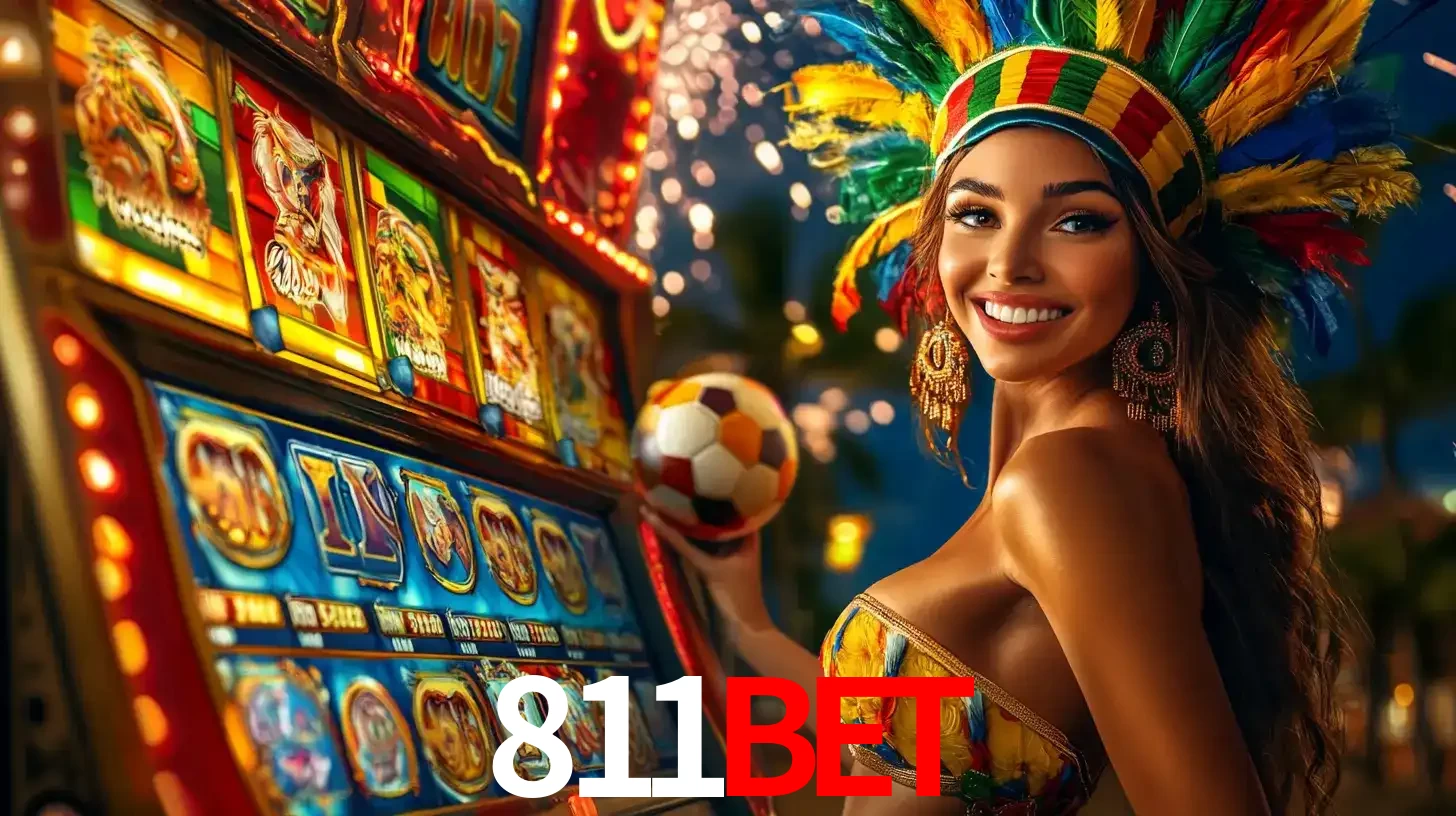 Mulher com um cocar de carnaval ao lado de uma máquina de caça-níqueis enquanto segura uma bola de futebol, mostrando a união da diversão de cassino e esportes no 811BET.
