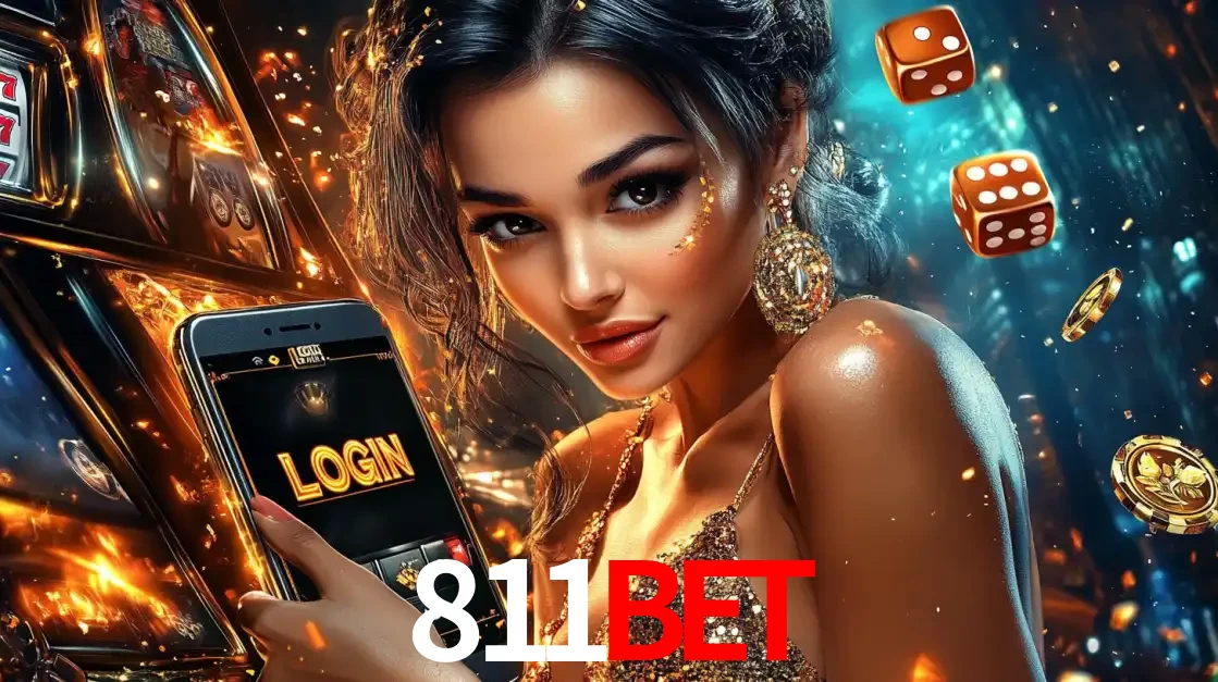Mulher glamourosa segurando um celular com a tela de login do cassino 811BET, rodeada por dados e moedas douradas, pronta para começar a diversão.