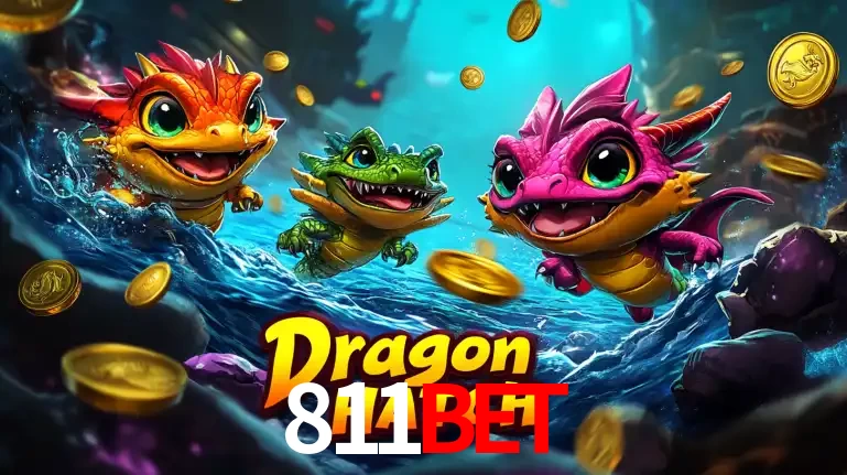 Arte promocional do jogo Dragon Hatch com três adoráveis dragões bebês nadando entre moedas de ouro, um dos slots mais divertidos para jogar no cassino 811BET.