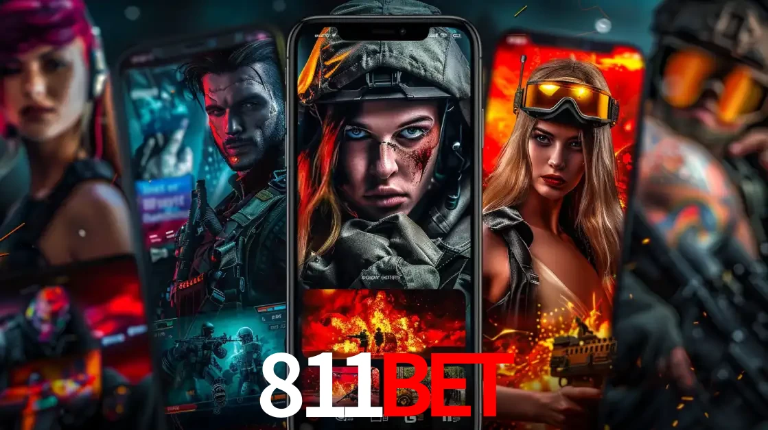 Montagem de telas de celular mostrando diversos personagens, masculinos e femininos, de um jogo de tiro, ilustrando a diversidade de equipes de e-sports para apostar no 811BET.