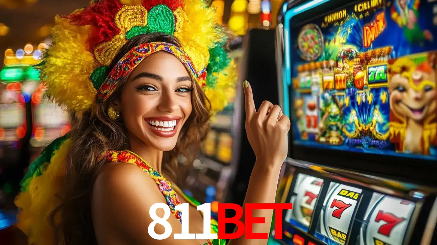Mulher animada com um cocar de carnaval apontando para uma máquina de caça-níqueis, mostrando a emoção de ganhar um grande prêmio nos jogos do 811BET.