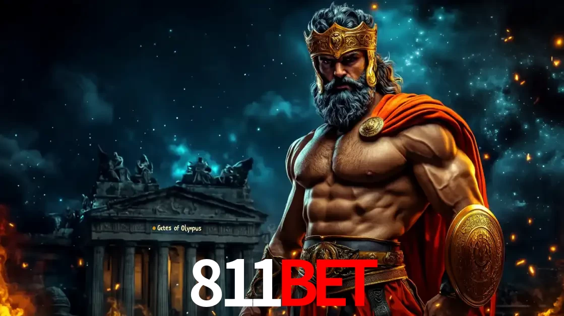 O poderoso Zeus do jogo de slot Gates of Olympus em frente ao seu templo, pronto para lançar multiplicadores divinos e prêmios épicos no cassino online 811BET.