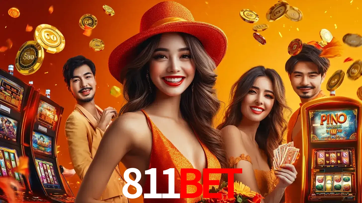 Grupo de amigos asiáticos sorrindo e se divertindo com máquinas de caça-níqueis em um ambiente festivo, celebrando suas vitórias nos jogos de cassino do 811BET.