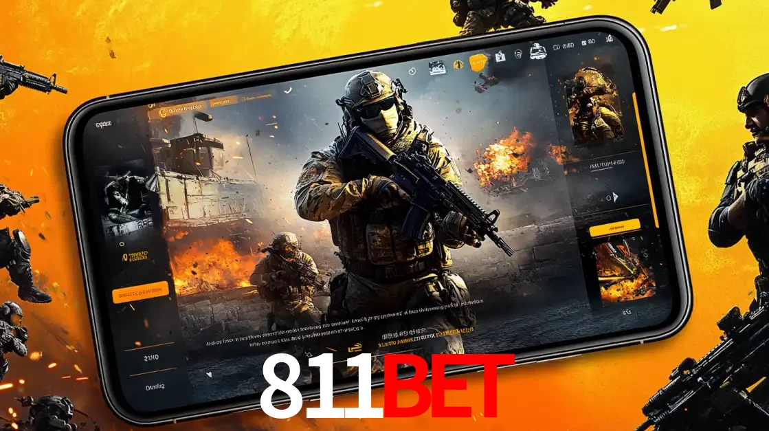 Um smartphone exibindo a interface de um jogo de tiro em primeira pessoa, com um soldado em um cenário de batalha, representando a ação dos e-sports para apostar no 811BET.