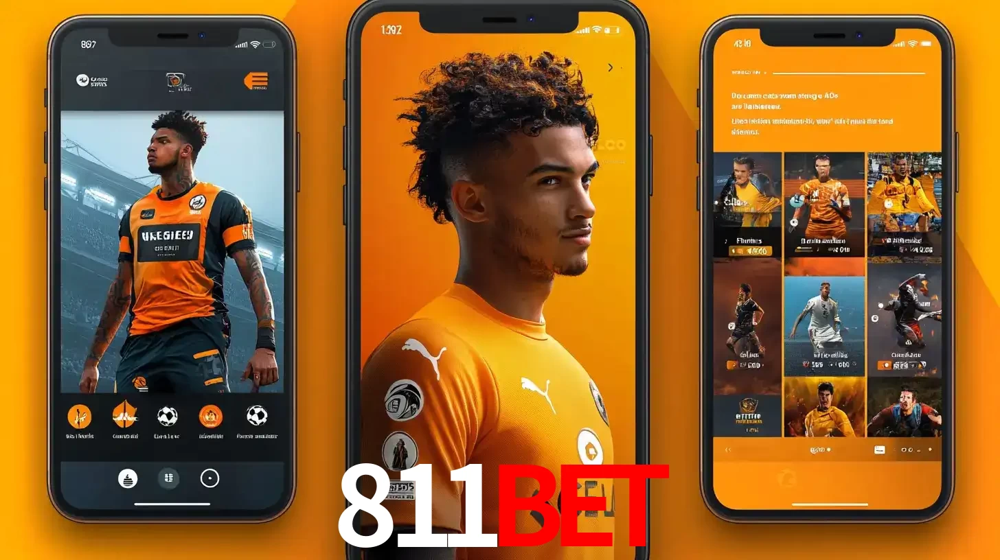 Interface do aplicativo de apostas esportivas 811BET em três telas de celular, mostrando o perfil de um jogador de futebol e a lista de jogos disponíveis para apostar.