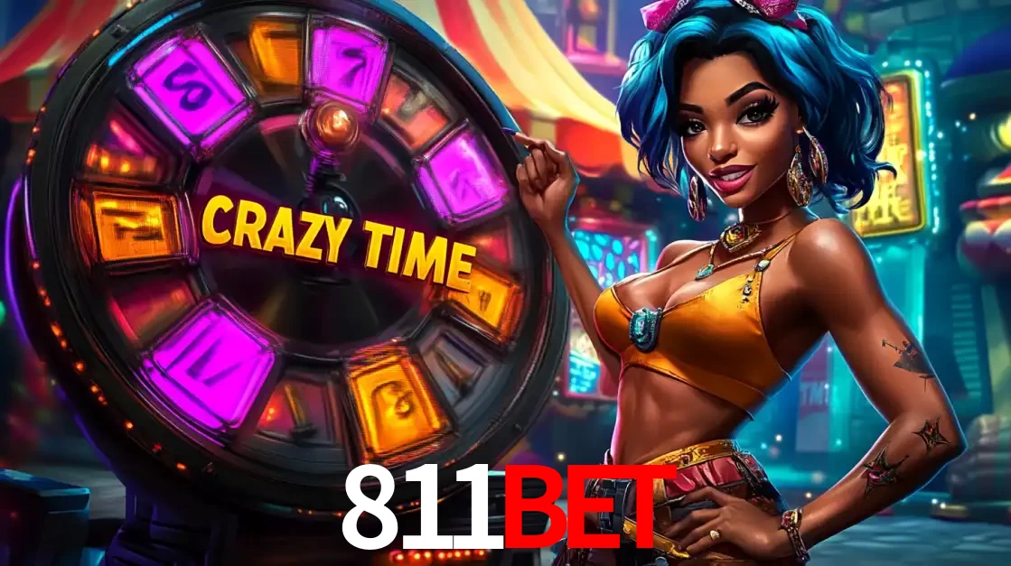 Mulher estilizada com cabelo azul e visual vibrante posando ao lado da roda de prêmios do game show Crazy Time, convidando para a diversão e os bônus do cassino 811BET.
