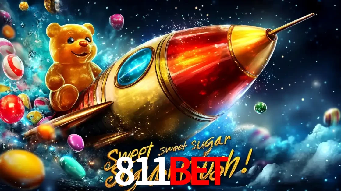 Arte promocional do jogo de slot Sugar Rush, com um urso de pelúcia em um foguete viajando pelo espaço de doces, um dos jogos divertidos disponíveis no cassino 811BET.