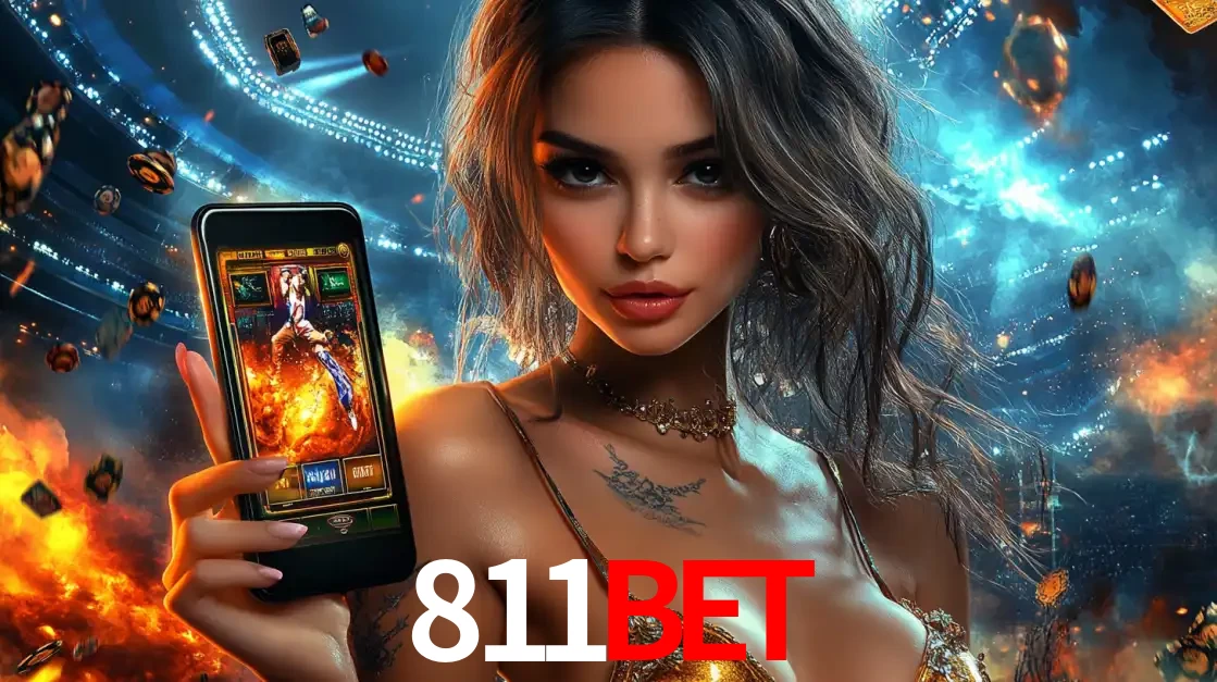 Mulher segurando um celular com um jogo de slot em destaque, tendo como fundo um estádio vibrante, simbolizando a emoção de jogar no cassino móvel 811BET.